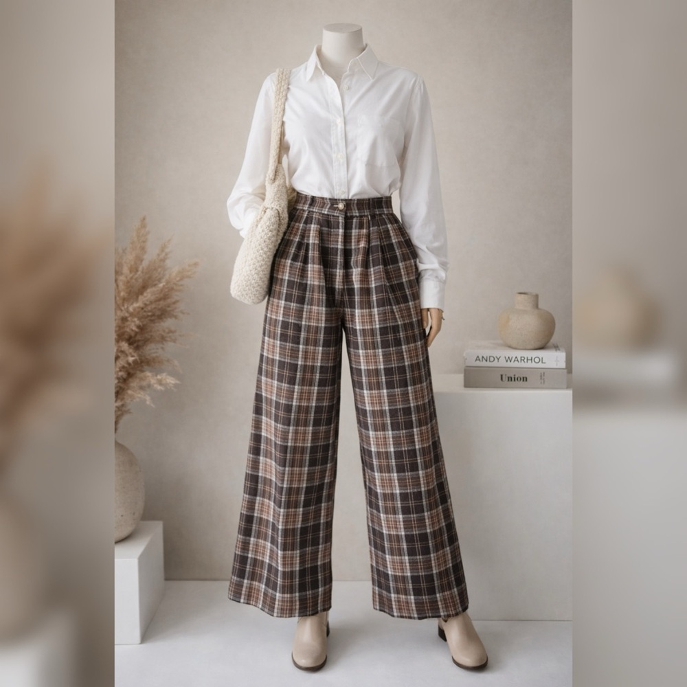 High Waisted Brown Plaid Wide Leg Women’s Pants Size S Cozy Trousers Retro